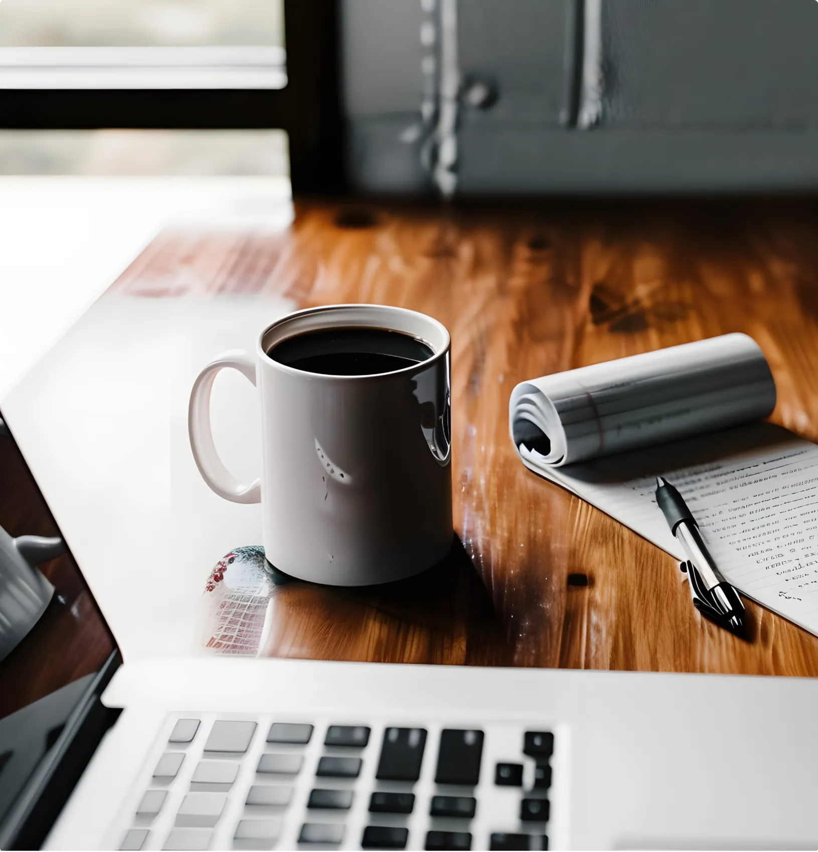 Coffee and laptop on a wooden desk